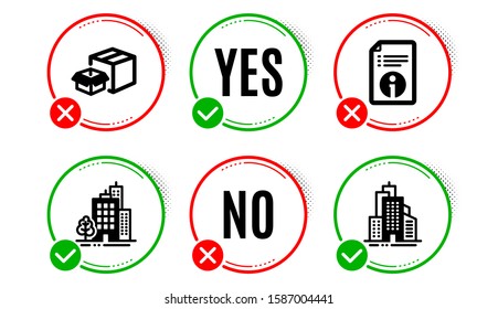 Buildings, Technical info and Packing boxes icons simple set. Yes no check box. Skyscraper buildings sign. City architecture, Documentation, Delivery box. Town architecture. Industrial set. Vector