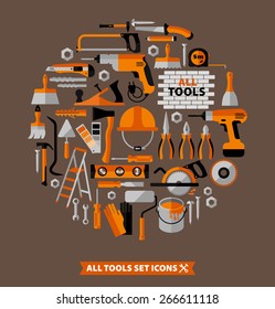 Buildings tools icons set. Flat design symbols.