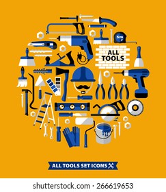 Buildings tools icons set. Flat design symbols.
