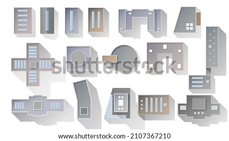 Buildings top view for landscape design. Objects for map of City. Collection, kit of Houses, factory, building, skyscrapers, hotels, manufacturing, transport, office, mall from above