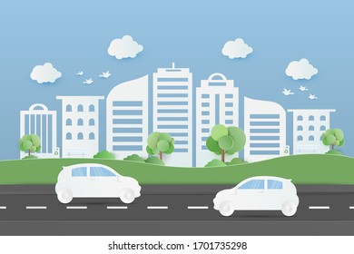 Buildings town and public park with car on road. Urban cityscape background. Paper art vector illustration.