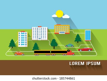 edificios y transporte diseño de sombra plana larga