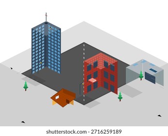 Buildings and trees in a city layout with different styles and structures viewed from a top perspective at noon