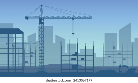 Edificios en construcción en proceso.  Grúas de construcción sobre edificios. Desarrollo urbano. Skyline urbano. Ilustración vectorial. Eps 10.