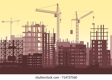 Buildings under construction in process. Urban construction site with cranes and skyscrapers.