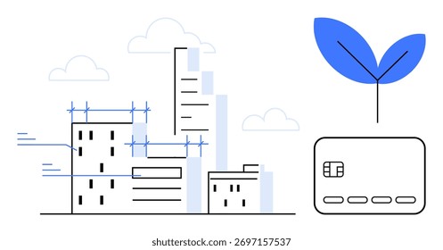 Buildings under construction with scaffolding, a leaf sprout, and a credit card. Ideal for eco-friendly finance, green construction, sustainable living, urban planning, innovation, renewable