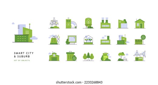 Buildings, urban places and industrial objects. Eco friendly lifestyle in urban. Set of flat illustrations. Vector file.