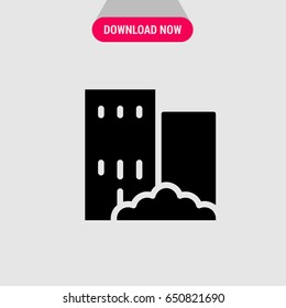 Buildings Vector Icon,  The buildings with the bushes around symbol. Simple, modern flat vector illustration for mobile app, website or desktop app  