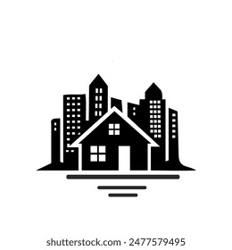 Edificios Vector icono. silueta de la ciudad. Ilustración vectorial en diseño plano,
símbolo de la ilustración del rascacielos. símbolo del hotel. logotipo del ático.
