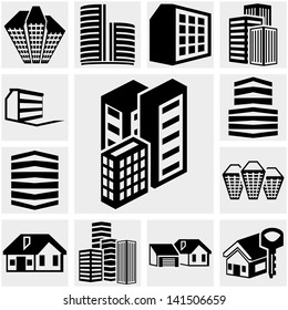 Buildings vector icon set on gray