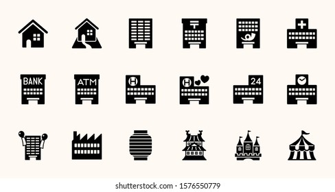 Buildings Vector Icons Set. Building Construction, Fabric, Hotel, Apartments Stock Illustrations Collection