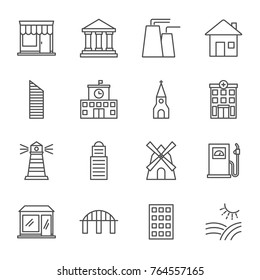 Buildings vector icons set line style