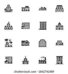 Buildings vector icons set, modern solid symbol collection, filled style pictogram pack. Signs, logo illustration. Set includes icons as bank building, county house, hospital, church, school, library