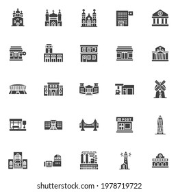 Buildings vector icons set, modern solid symbol collection, filled style pictogram pack. Signs, logo illustration. Set includes icons as lighthouse, stadium arena, school building, skyscraper, house