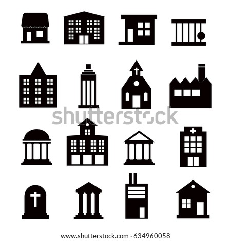 Buildings vector icons set on white background. Vector Illustration