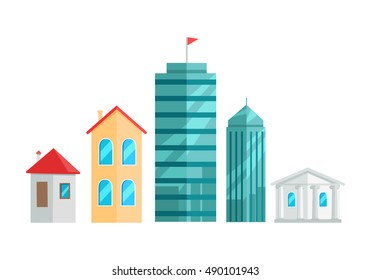Buildings vector illustration in flat style. Skyscraper, cottage, house, historic building pictures for city estate concepts, web, icons, infographics, logotype design. Isolated on white background.  