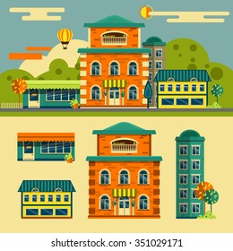 Buildings vector set. Small town street landscape in flat style. Design elements and icons.