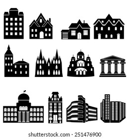 Buildings vector web icons set. Various types of construction - vector illustration