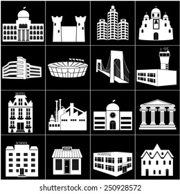 Buildings vector web icons set.Various types of construction - vector illustration