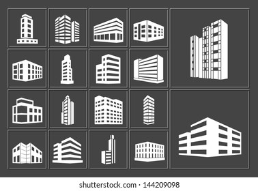 Buildings vector white web icons set on dark background
