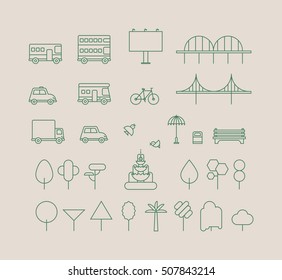 Buildings, vehicles and street vector icon elements. Linear style. Graphic design icon. Design elements for city illustration or map