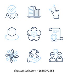 Buildings, Versatile and Couple love line icons set. Diploma certificate, save planet, group of people. Augmented reality, Touchscreen gesture and Natural linen signs. Vector