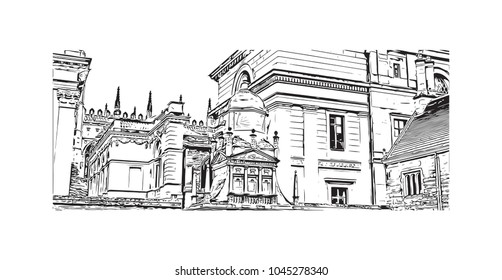 Buildings view of Cambridge City in England, UK. Hand drawn sketch illustration in vector.