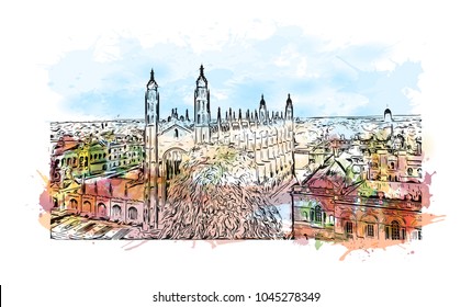 Buildings view of Cambridge City in England, UK. Watercolor splash with Hand drawn sketch illustration in vector.
