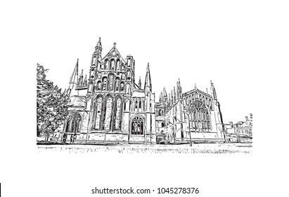 Buildings view of Cambridge City in England, UK. Hand drawn sketch illustration in vector.