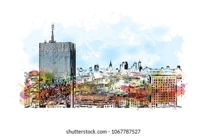 Buildings view with landmark and street of  Warsaw Capital of Poland. Watercolor splash with hand drawn sketch illustration in vector.
