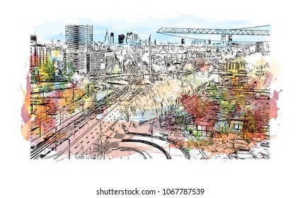 Buildings view with landmark and street of  Warsaw Capital of Poland. Watercolor splash with hand drawn sketch illustration in vector.
