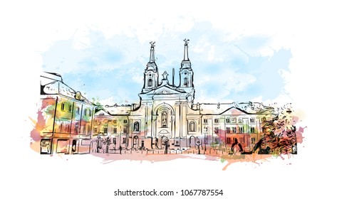 Buildings view with landmark and street of  Warsaw Capital of Poland. Watercolor splash with hand drawn sketch illustration in vector.
