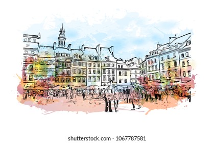 Buildings view with landmark and street of  Warsaw Capital of Poland. Watercolor splash with hand drawn sketch illustration in vector.
