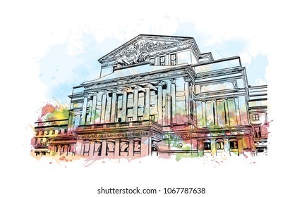 Buildings view with landmark and street of  Warsaw Capital of Poland. Watercolor splash with hand drawn sketch illustration in vector.
