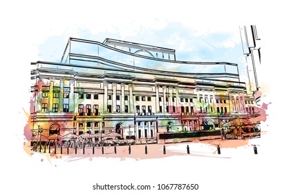 Buildings view with landmark and street of  Warsaw Capital of Poland. Watercolor splash with hand drawn sketch illustration in vector.
