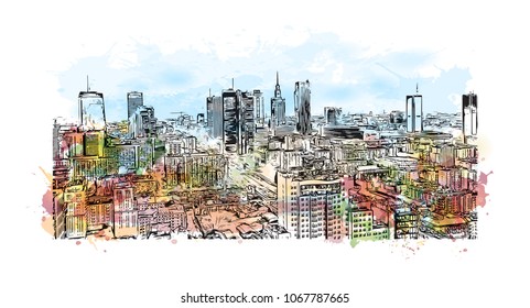 Buildings view with landmark and street of  Warsaw Capital of Poland. Watercolor splash with hand drawn sketch illustration in vector.
