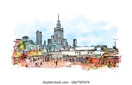 Buildings view with landmark and street of  Warsaw Capital of Poland. Watercolor splash with hand drawn sketch illustration in vector.
