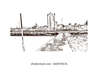 Buildings view of Louisville City in Kentucky, USA. Hand drawn sketch illustration in vector.