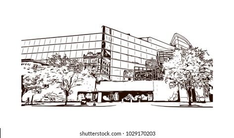 Buildings view of Louisville City in Kentucky, USA. Hand drawn sketch illustration in vector.