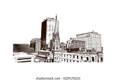 Buildings view of Louisville City in Kentucky, USA. Hand drawn sketch illustration in vector.