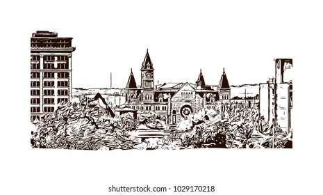 Buildings view of Louisville City in Kentucky, USA. Hand drawn sketch illustration in vector.