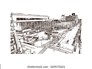 Buildings view of Louisville City in Kentucky, USA. Hand drawn sketch illustration in vector.