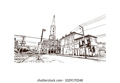 Buildings view of Louisville City in Kentucky, USA. Hand drawn sketch illustration in vector.