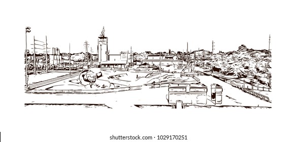 Buildings view of Louisville City in Kentucky, USA. Hand drawn sketch illustration in vector.