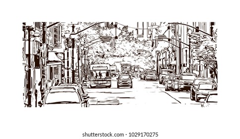 Buildings view of Louisville City in Kentucky, USA. Hand drawn sketch illustration in vector.