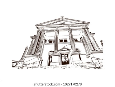 Buildings view of Louisville City in Kentucky, USA. Hand drawn sketch illustration in vector.