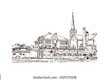 Buildings view of Louisville City in Kentucky, USA. Hand drawn sketch illustration in vector.