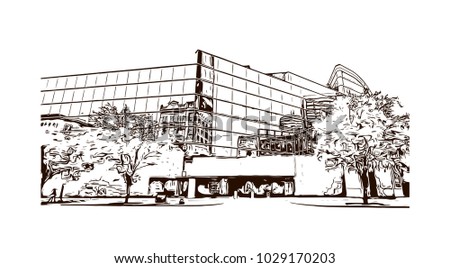 Buildings view of Louisville City in Kentucky, USA. Hand drawn sketch illustration in vector.