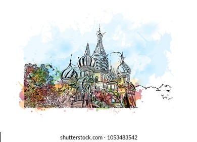 Buildings view of Moscow, Capital of Russia. Watercolor splash with hand drawn sketch illustration in vector.