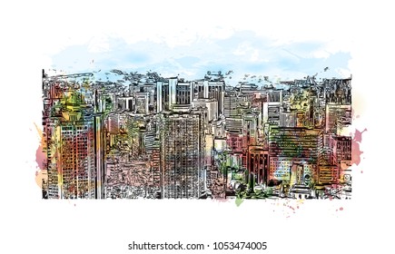 Buildings view of Seoul, Capital of South Korea. Watercolor splash with hand drawn sketch illustration in vector .